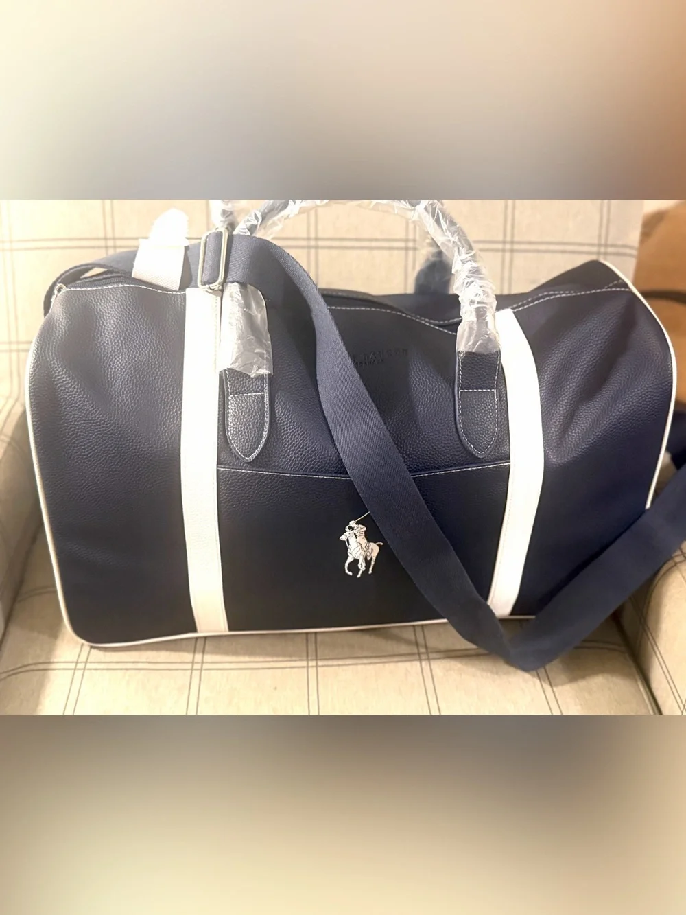Classic !Ralph Lauren Navy and White Polo Large Vegan Leather Duffel Bag